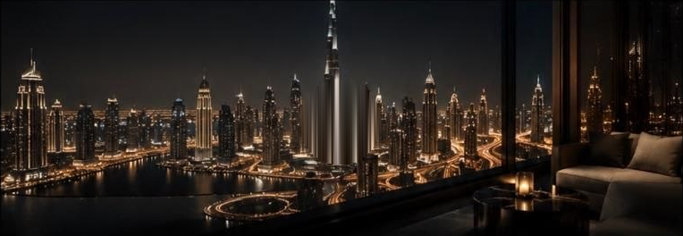Night skyline seen from a private lounge